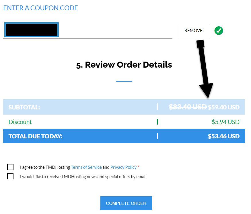 TMDHosting Promo Code Applied