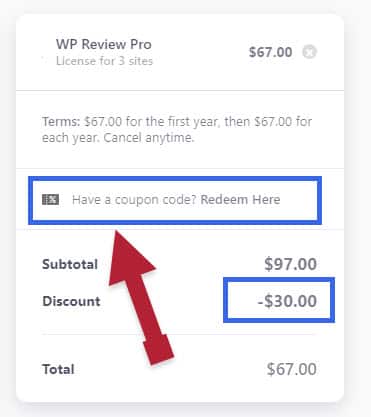 WP Review Pro Coupon Applied
