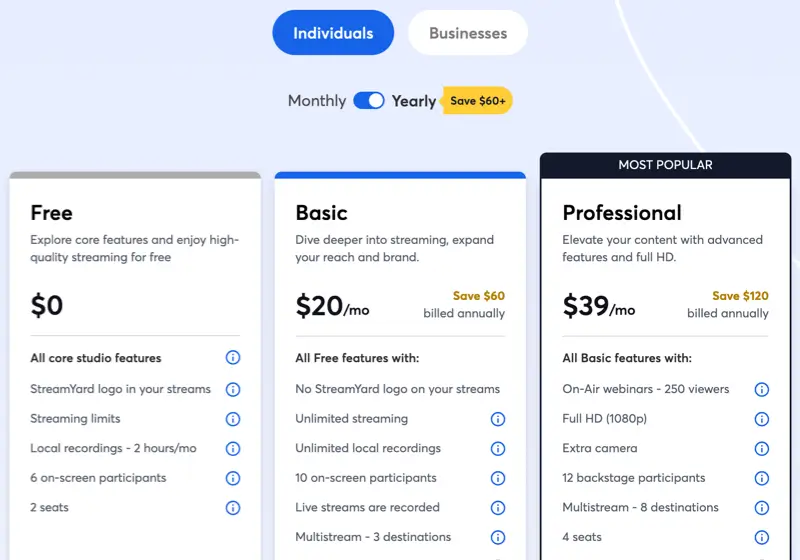 StreamYard Pricing